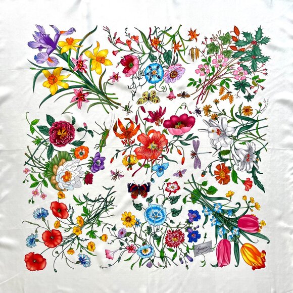 Gucci Scarf Flower Print GG Logo Floral White Multicolor Silk Wrap - Picture 1 of 15